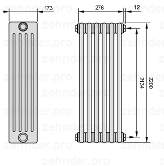 Схема (чертеж) Радиатор Zehnder Charleston 5220/6 №7610 Белый глянцевый RAL 9016